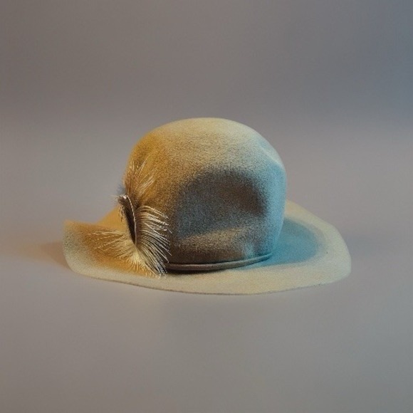 Handmade Eddie Ruth Brooks Tan Felt Feather Hat Wide Brim Vintage Style M/L - Picture 4 of 10